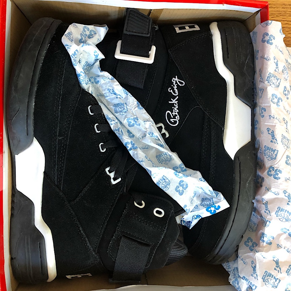 New, Authentic mens Ewing 33 HI Black Suede/White Sneakers, size 9